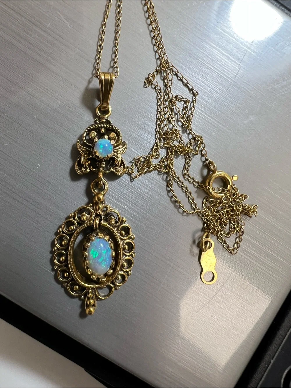 Antique 14K yellow gold with opals pendant necklace - Picture 2 of 15